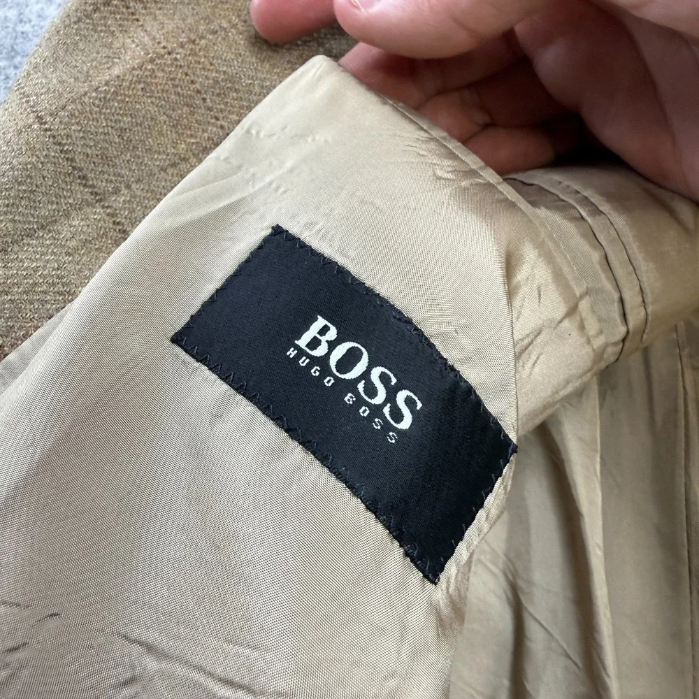 VTG Hugo BOSS Blazer Jacket Men 44L Brown Windowpane Cashmere Old Money Academia